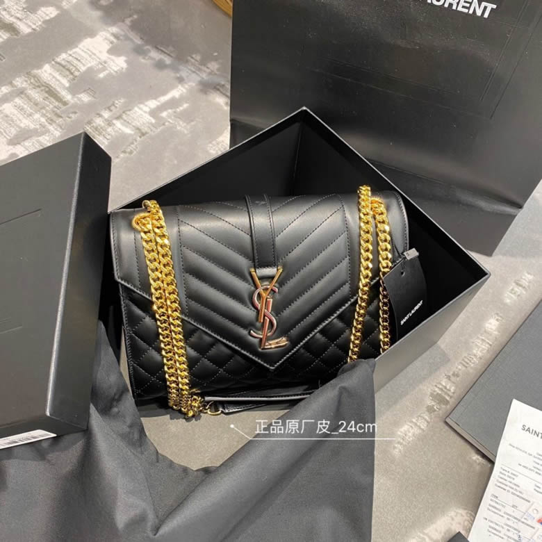 YSL/聖羅蘭最新版中號平紋三色logo絎縫真皮信封包487206黑色￥1980.00的图片-高仿聖羅蘭包包ysl