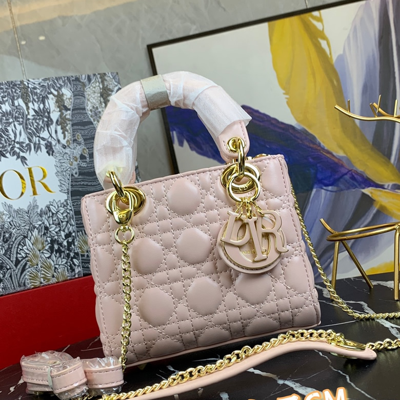 Dior/迪奧原版皮高品質琺瑯三格羊皮專櫃新Logo戴妃包粉色￥980.00