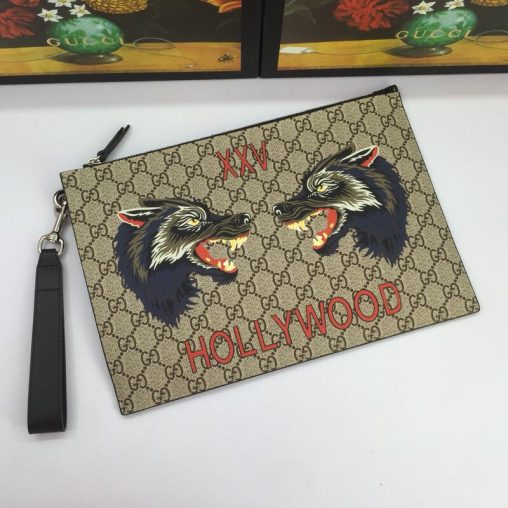 GUCCI古馳男包經典雙G狼頭圖案手拿包473904杏色￥980.00